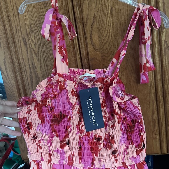 🔥🆕 ANNA-KACI CALIFORNIA Floral Tie-Shoulder Frill Trim Smocked Dress medium - Picture 4 of 13